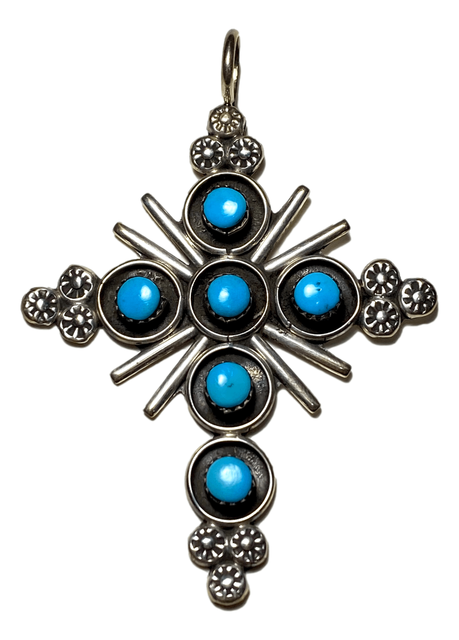 Pendant Cross Sterling Silver 6 Count Turquoise Stone Concho Trinity Edge Sunburst Design Handcrafted by New Mexico Artisan 3 L x 2 W inches - Ysleta Mission Gift Shop- VOTED El Paso's Best Gift Shop