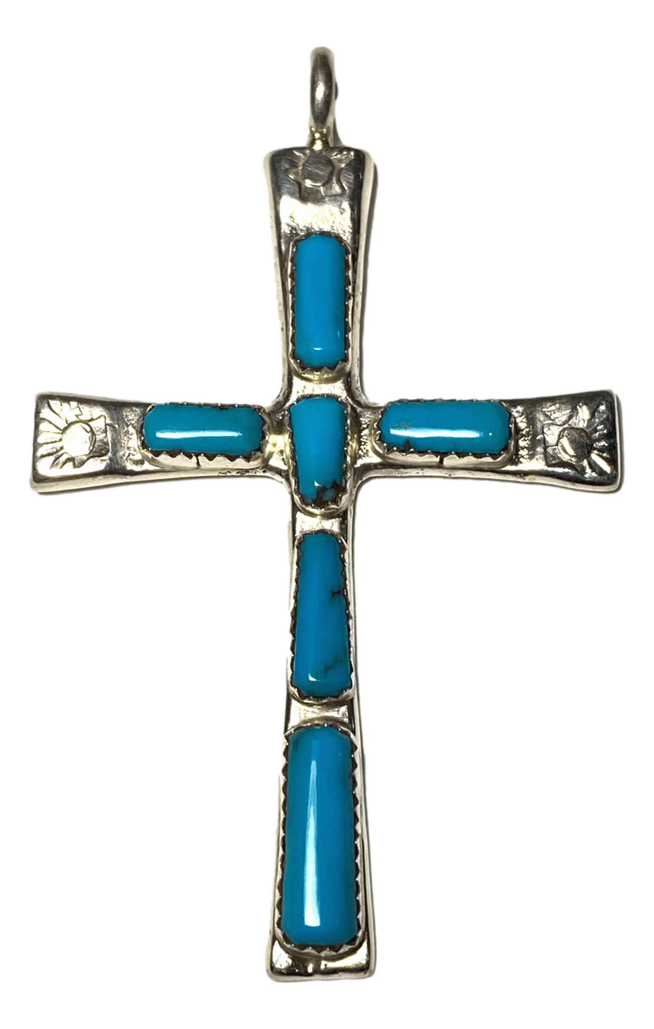 Pendant Cross Sterling Silver 6 Count Turquoise Stone Sun Stamp Handcrafted by New Mexico Artisan 2 3/4 L x 1 3/4 W inches - Ysleta Mission Gift Shop- VOTED El Paso's Best Gift Shop