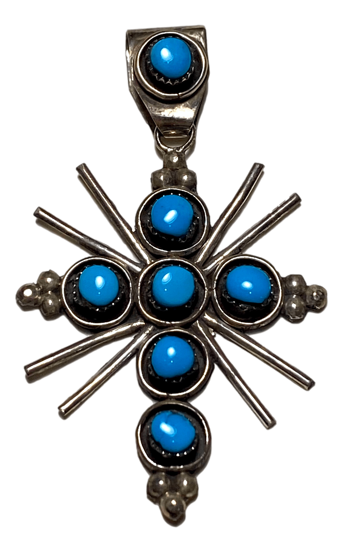 Pendant Cross Sterling Silver 7 Count Turquoise Trinity Edge Sunburst Design Handcrafted by New Mexico Artisan 2 1/4 L x 1 1/4 W inches - Ysleta Mission Gift Shop- VOTED El Paso's Best Gift Shop