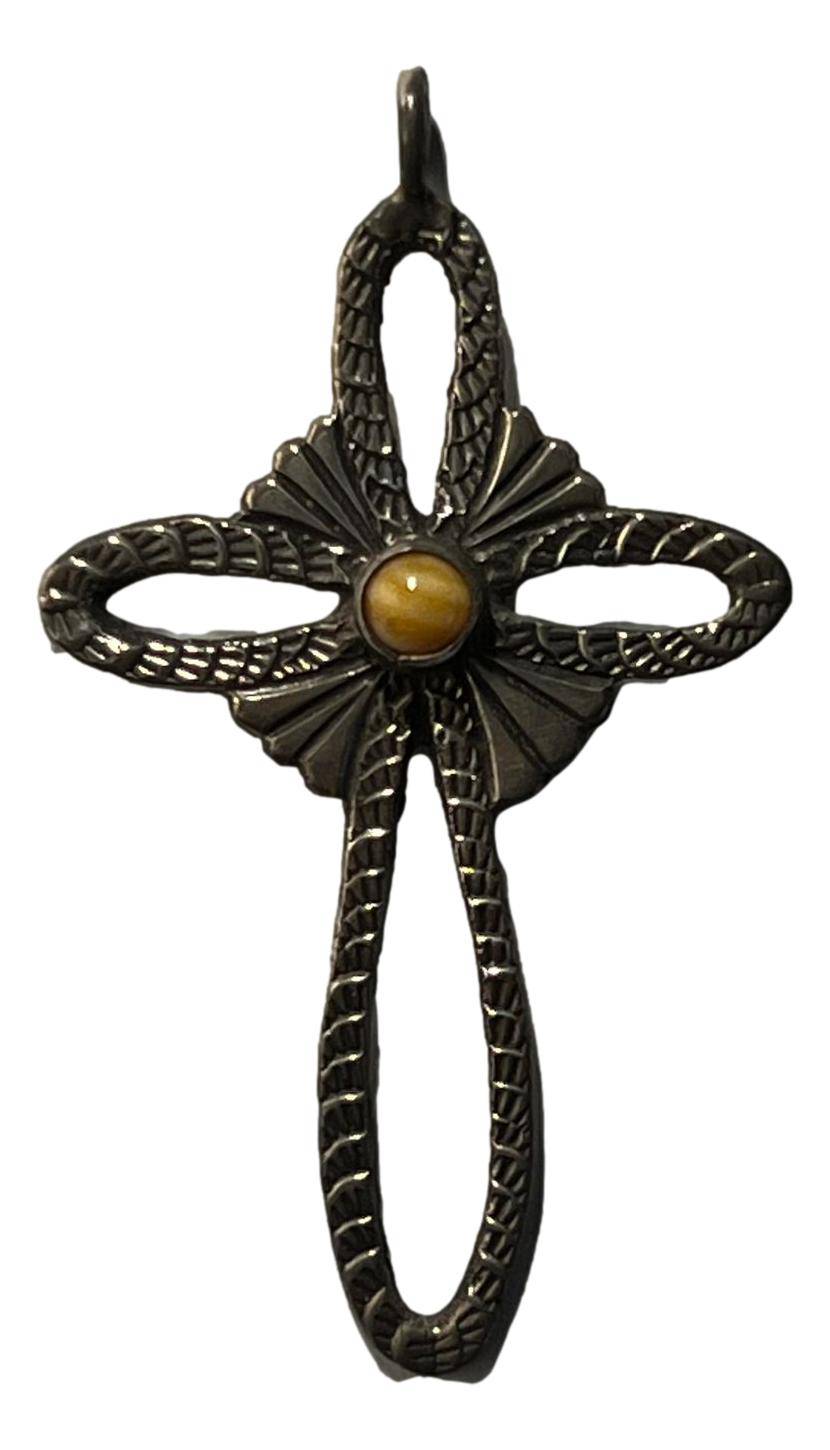 Pendant Cross Sterling Silver Handcrafted Skilled Native American Artisans 1.75 H Inch Stamped Cutout Design Aventurine Center - Ysleta Mission Gift Shop- VOTED El Paso's Best Gift Shop