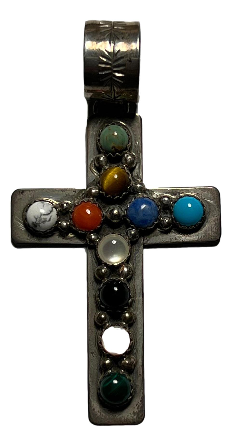 Pendant Cross Sterling Silver Handcrafted Skilled Native American Artisans 2 H Inch 10 Multi Semi Precious Stones Setting - Ysleta Mission Gift Shop- VOTED El Paso's Best Gift Shop