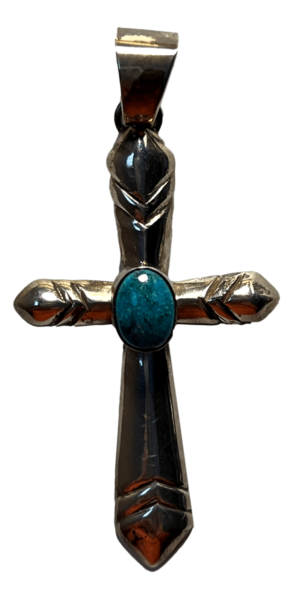 Pendant Cross Sterling Silver Handcrafted Skilled Native American Artisans 2 H Inch Stamped Arrow Design Large Oval Turquoise Center - Ysleta Mission Gift Shop- VOTED El Paso's Best Gift Shop