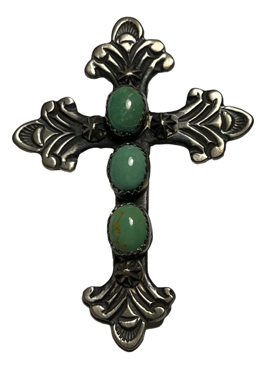 Pendant Cross Sterling Silver Handcrafted Skilled Native American Artisans 2.25 H Inch Stamped Le Fleur Design 3 Large Oval Green Turquoise Center - Ysleta Mission Gift Shop- VOTED El Paso's Best Gift Shop