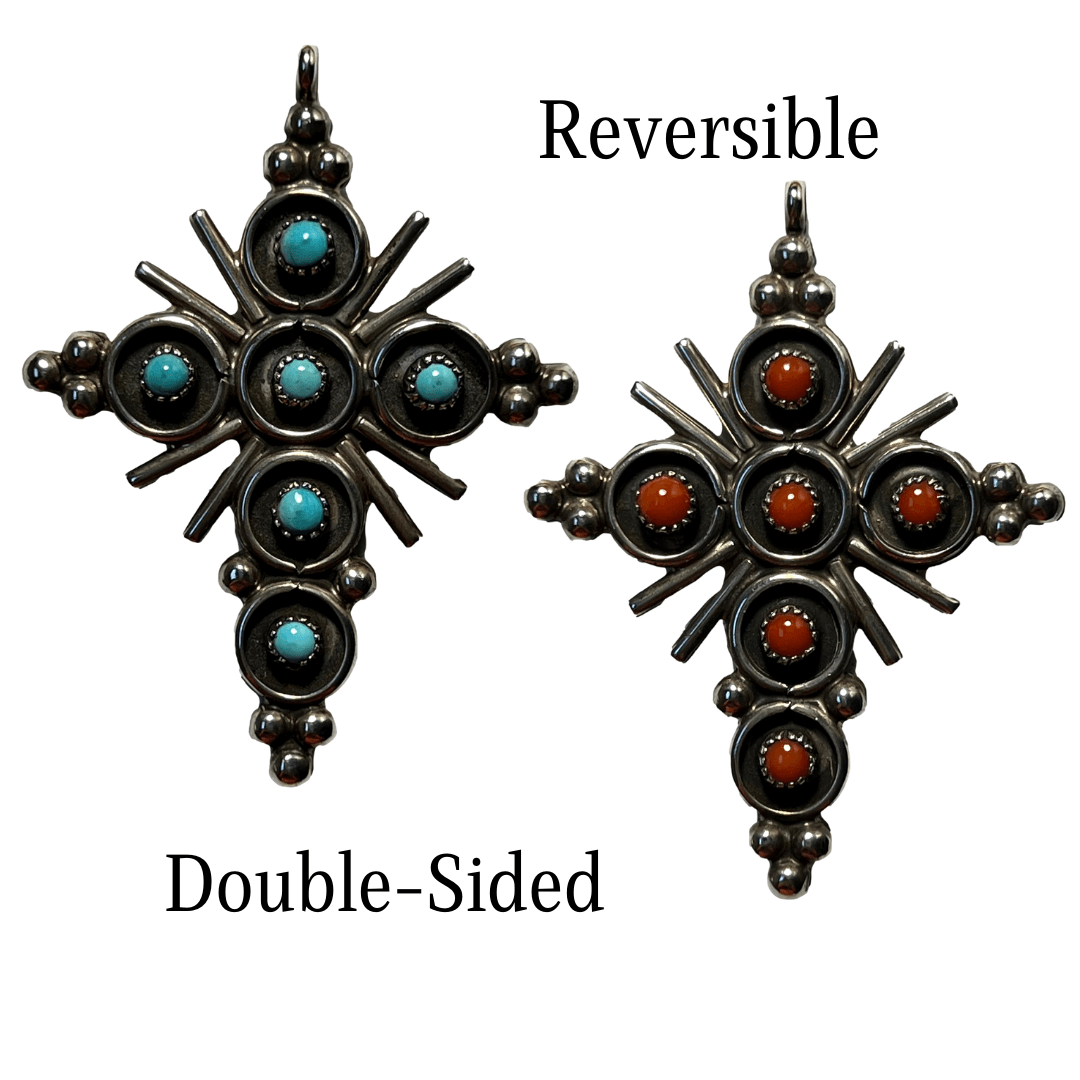 Pendant Cross Sterling Silver Handcrafted Skilled Native American Artisans 2.75 H Inch 3 Dot Trinity Edge Sunburst Design Coral/Turquoise Stone Reversible 1 Design Different Stone - Ysleta Mission Gift Shop- VOTED El Paso's Best Gift Shop