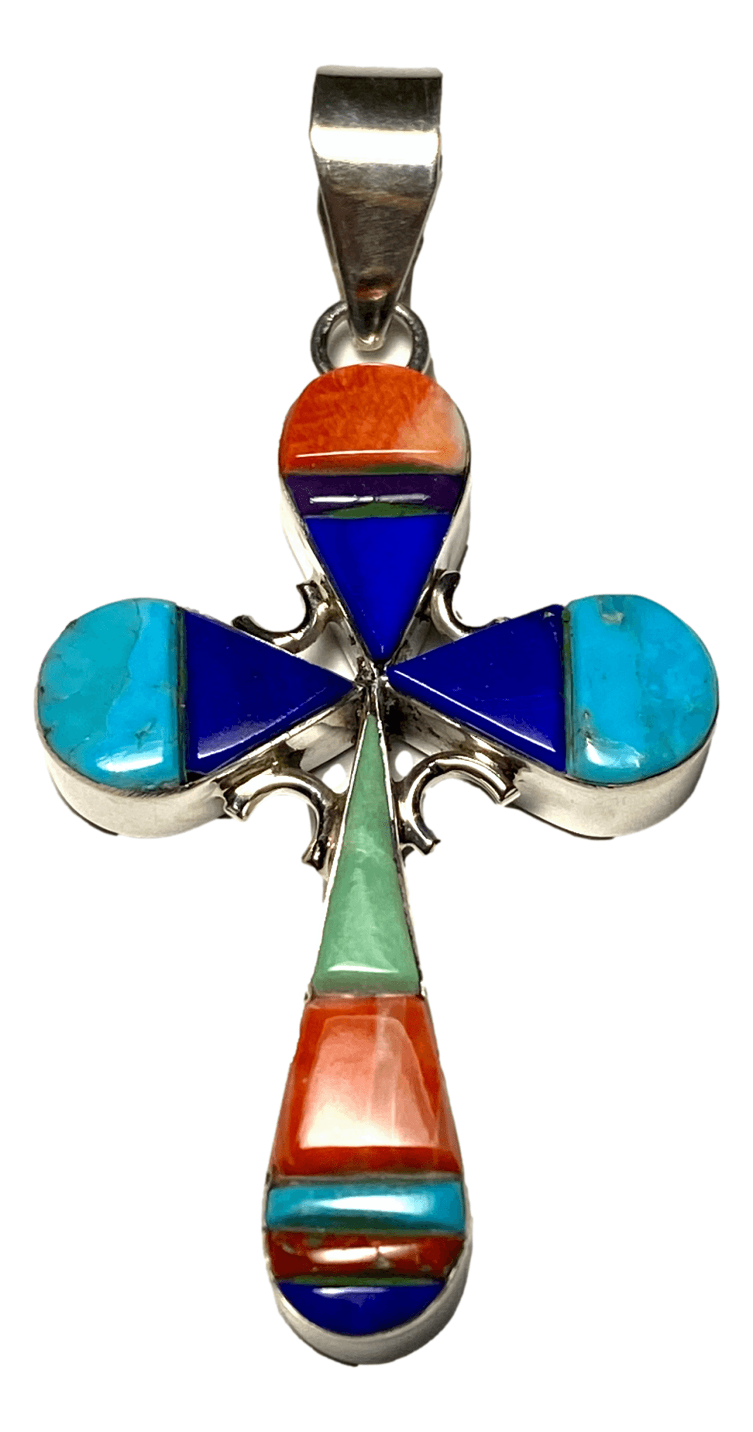 Pendant Cross Sterling Silver Round Edge Jet Stone Multi-Stone Inlay REVERSIBLE Handcrafted by Native American Artisans 2 1/2 L x 1 1/4 W inches - Ysleta Mission Gift Shop- VOTED El Paso's Best Gift Shop