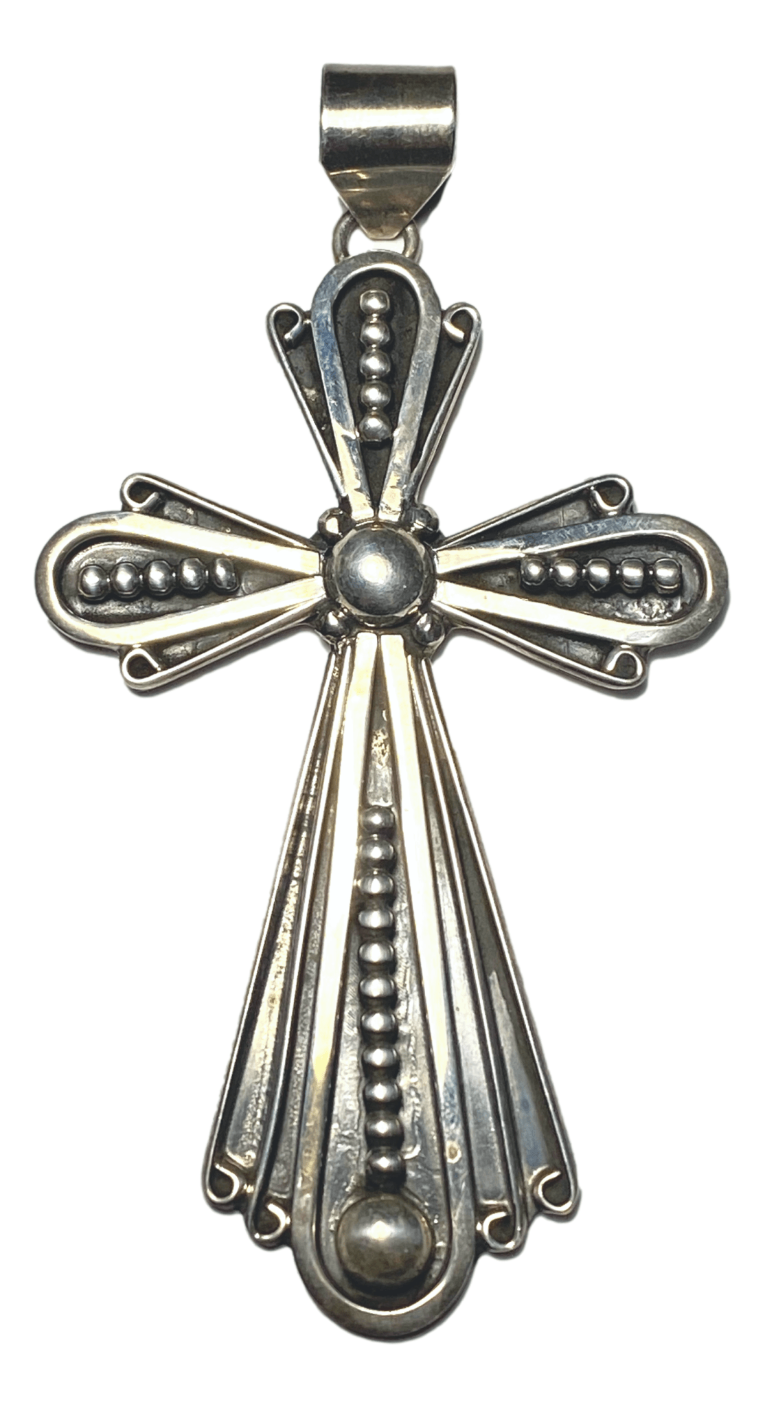 Pendant Cross Sterling Silver Soft Edge Sunburst Design Handcrafted by New Mexico Artisan Lorena 3 1/2 L x 2 W inches - Ysleta Mission Gift Shop- VOTED El Paso's Best Gift Shop