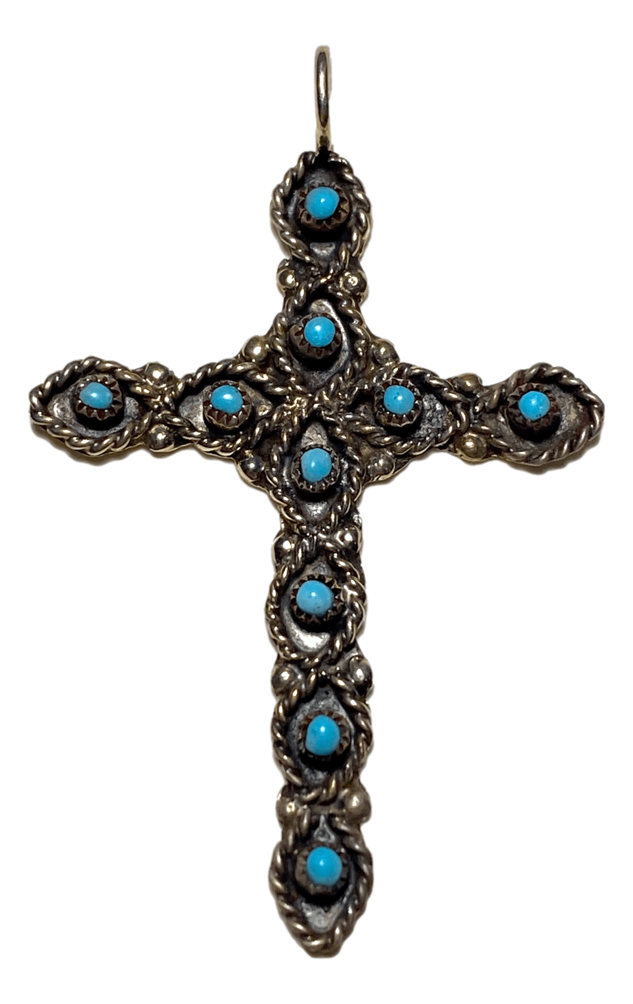 Pendant Cross Sterling Silver Turquoise 10 Count Entwined Chain Handcrafted by New Mexico Artisan 1 1/4 L x 1 1/4 W inches - Ysleta Mission Gift Shop- VOTED El Paso's Best Gift Shop
