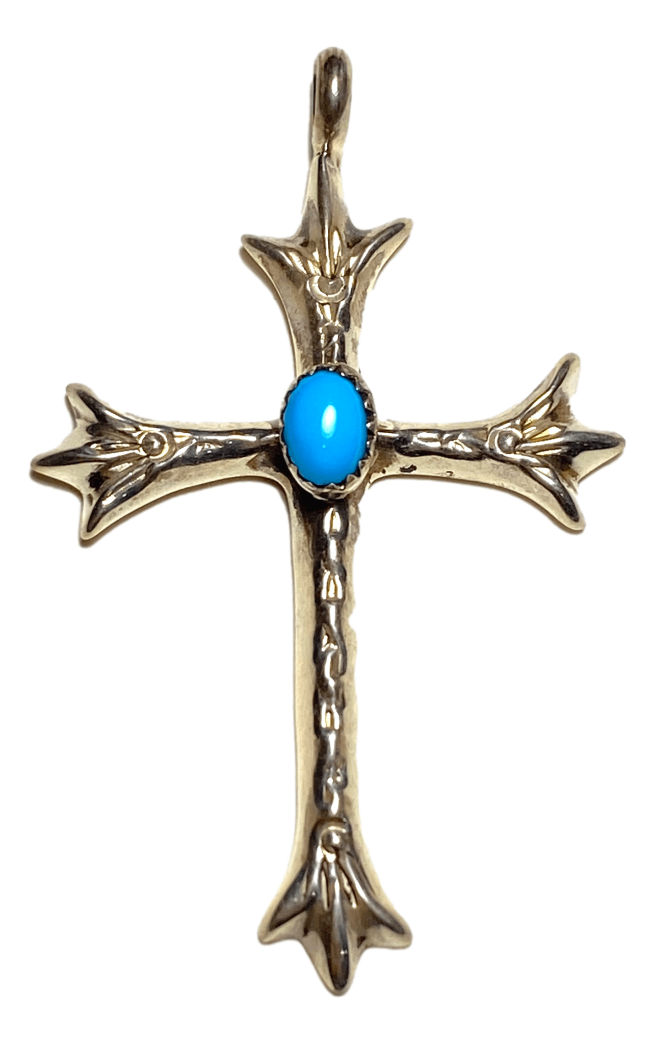 Pendant Cross Sterling Silver Turquoise Center Chain Stamped Handcrafted by New Mexico Artisan 2 1/4 L x 1 1/2 W inches - Ysleta Mission Gift Shop- VOTED El Paso's Best Gift Shop
