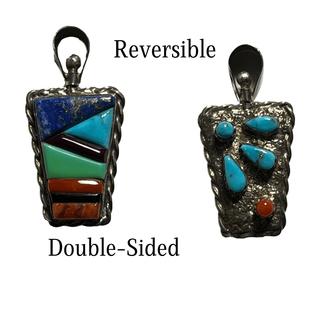 Pendant Sterling Silver Handcrafted Skilled Native American Artisans 2.25 H Inch Multi Semiprecious Stone Inlay REVERSIBLE 2 Different Designs - Ysleta Mission Gift Shop- VOTED El Paso's Best Gift Shop