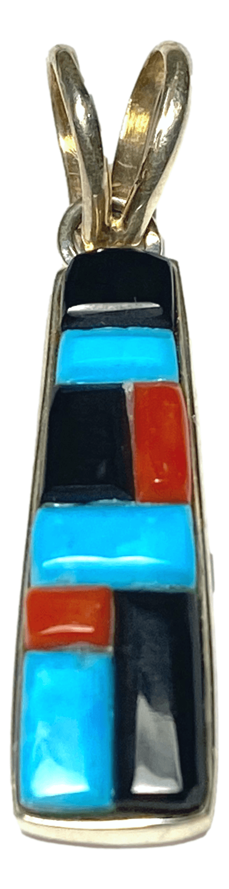 Pendant Sterling Silver Rectangular Turquoise Jet Coral Inlay Handcrafted by New Mexico Artisan 1 5/8 L x 3/8 W inches - Ysleta Mission Gift Shop- VOTED El Paso's Best Gift Shop