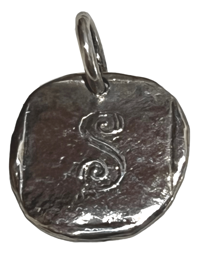 Pendant Sterling Silver Round Engraved Letter "S" I am SAVED By the Grace of God 1/2 inch .925 Stamped - Ysleta Mission Gift Shop- VOTED El Paso's Best Gift Shop