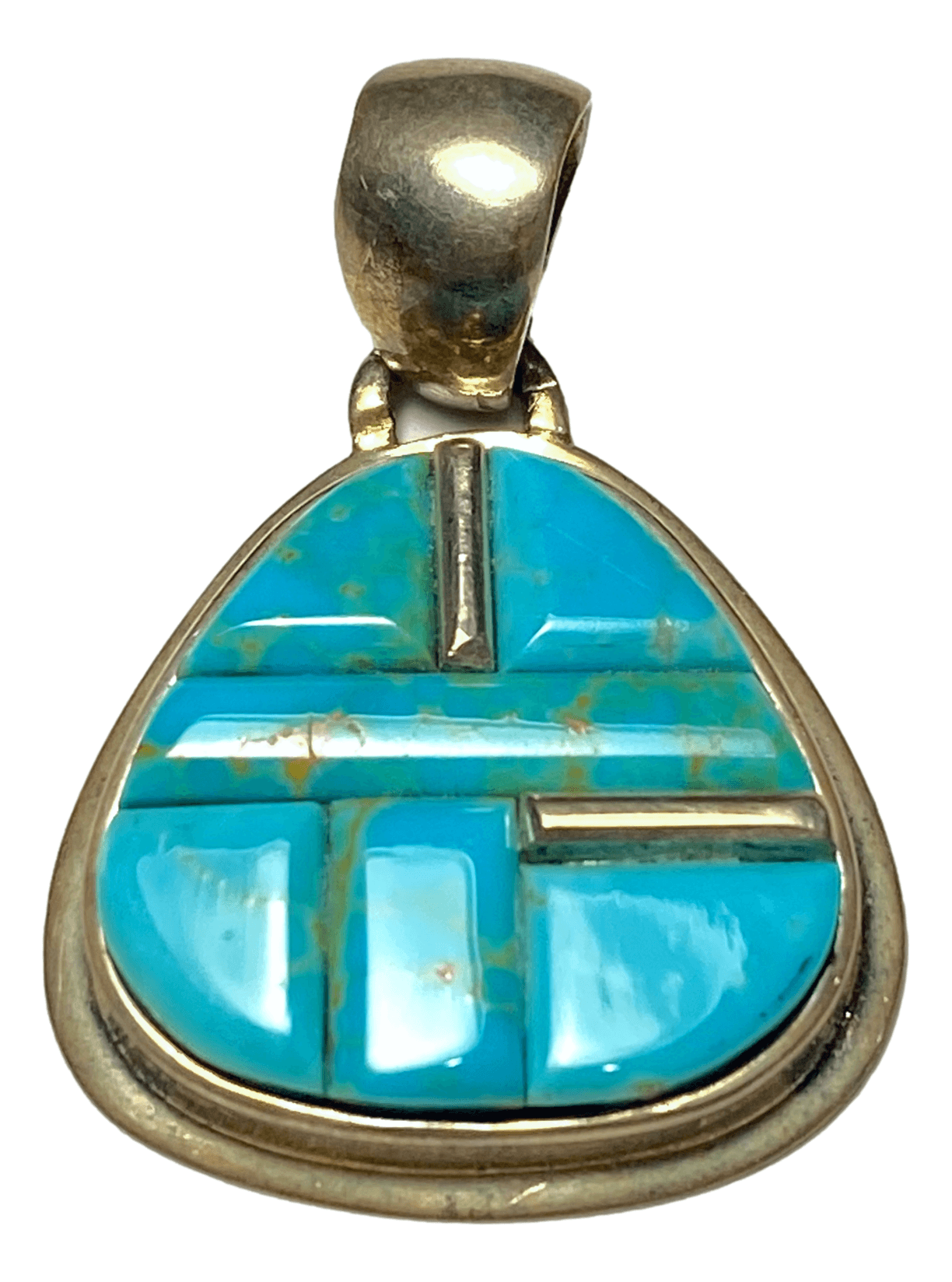 Pendant Sterling Silver Triangle Turquoise Inlay Soft Edges Handcrafted by New Mexico Artisan 1 3/8 L x 1 W inches - Ysleta Mission Gift Shop- VOTED El Paso's Best Gift Shop