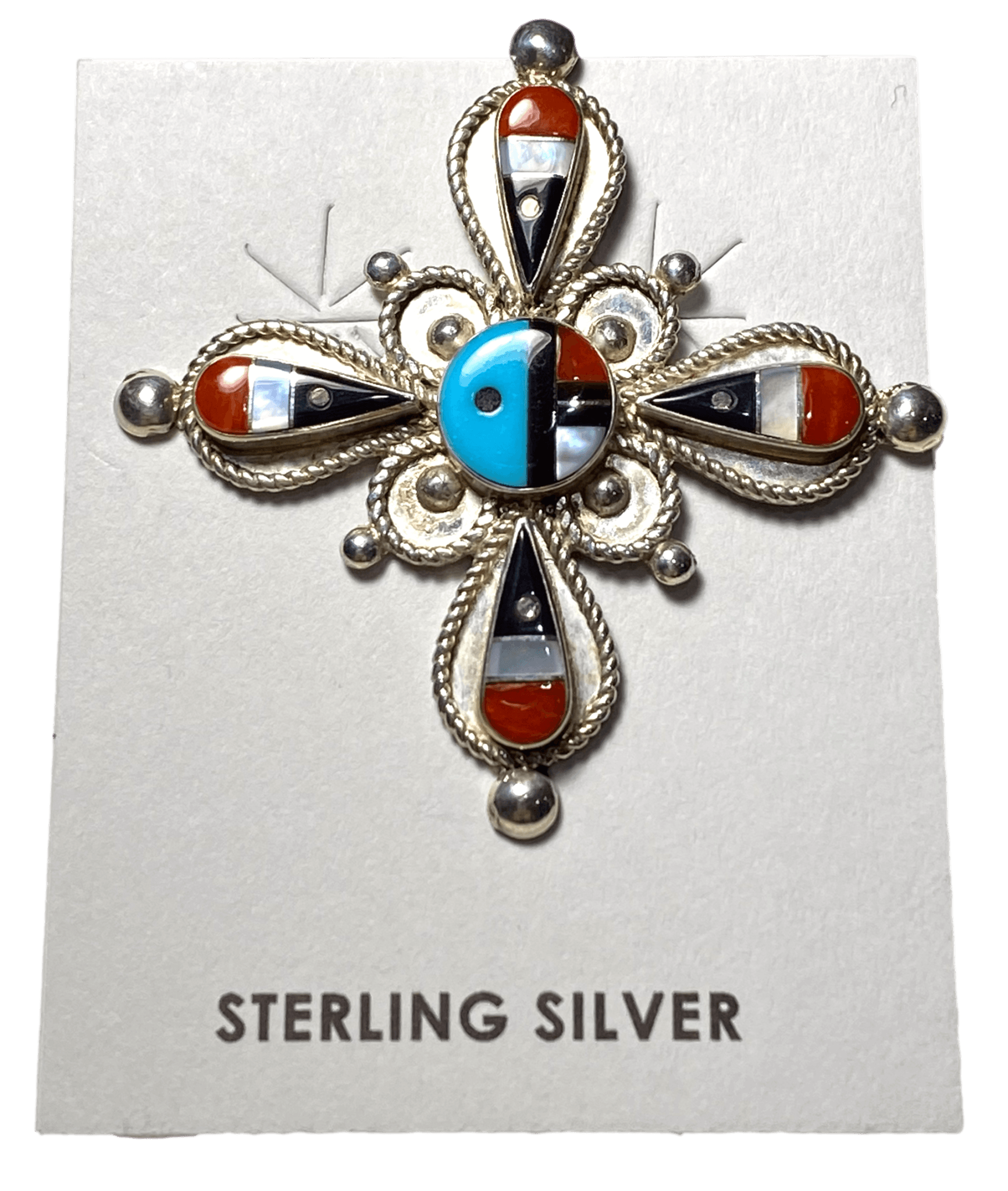 Pendant Sterling Silver Turquoise Coral Jet Accent Cross Handcrafted by New Mexico Artisan 1 1/2 L x 1 1/2 W inches - Ysleta Mission Gift Shop- VOTED El Paso's Best Gift Shop