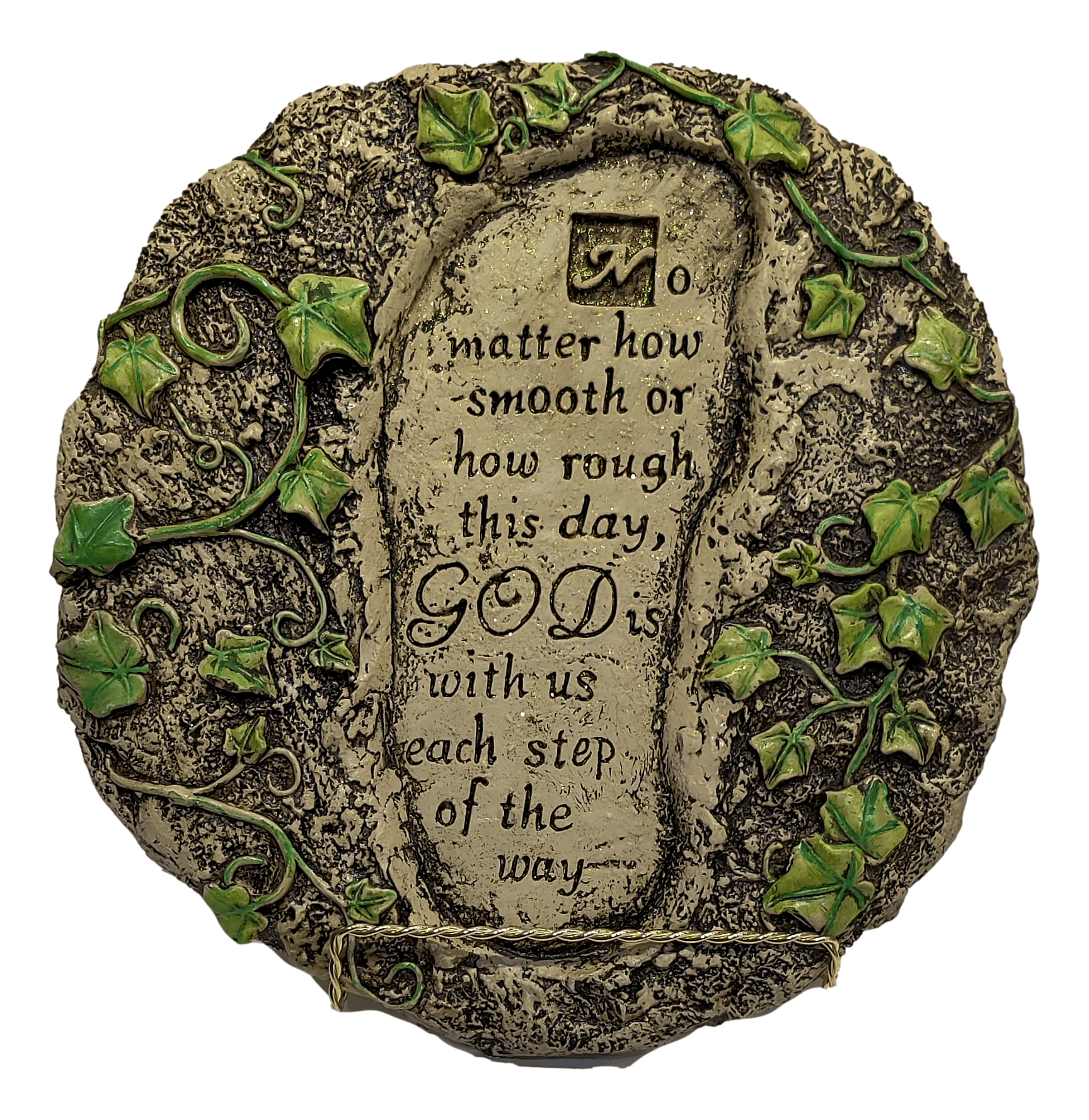 Plaque Footstep in the Ground Ivy Leaves Includes Stand Ceramic Resin 11 inches Circumference - Ysleta Mission Gift Shop- VOTED El Paso's Best Gift Shop