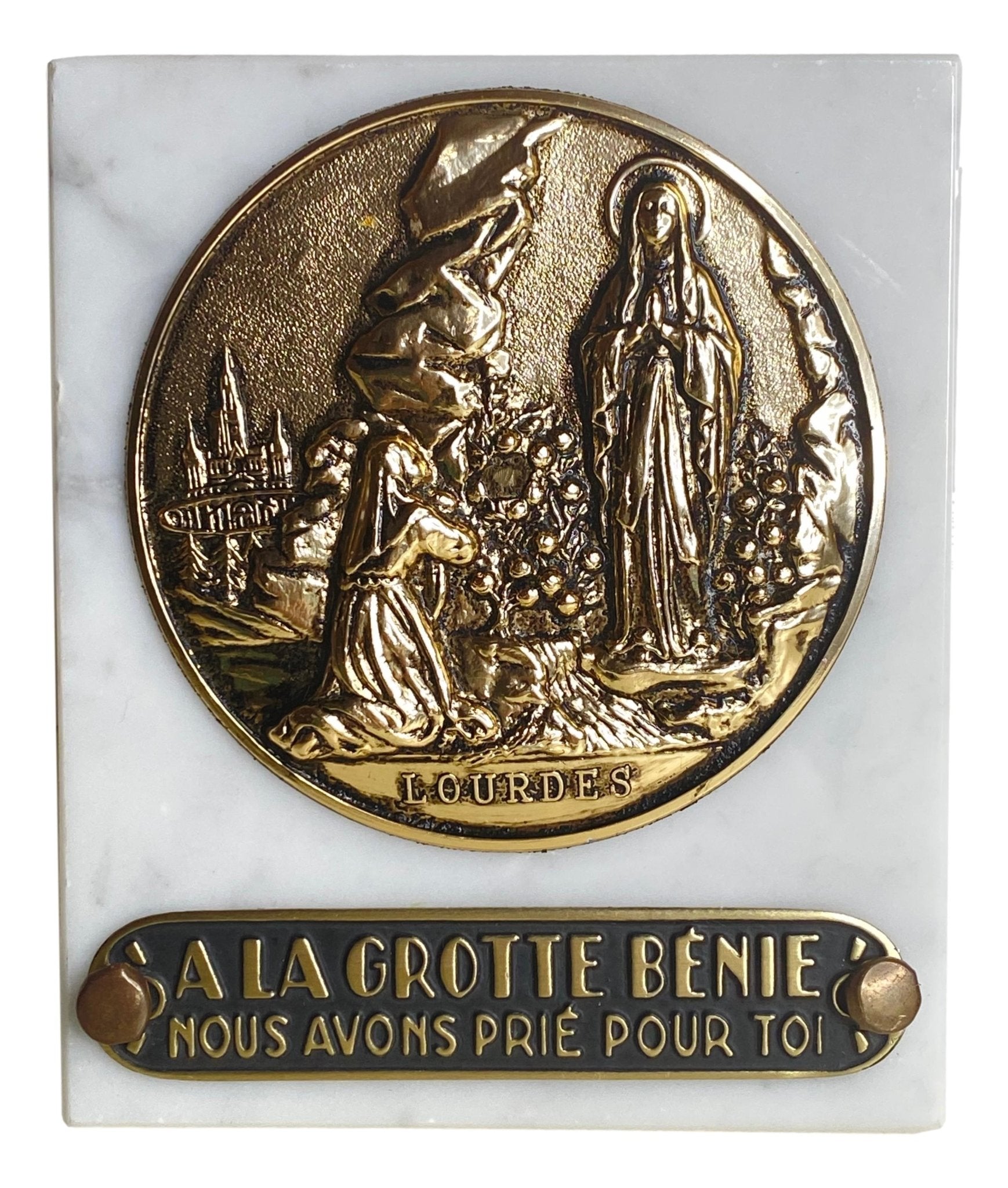 Plaque Our Lady of Lourdes At the Blessed Grotto We Prayed for You Marble Slab 4 L x 3/4 W x 5 H Inches - Ysleta Mission Gift Shop- VOTED 2022 El Paso's Best Gift Shop