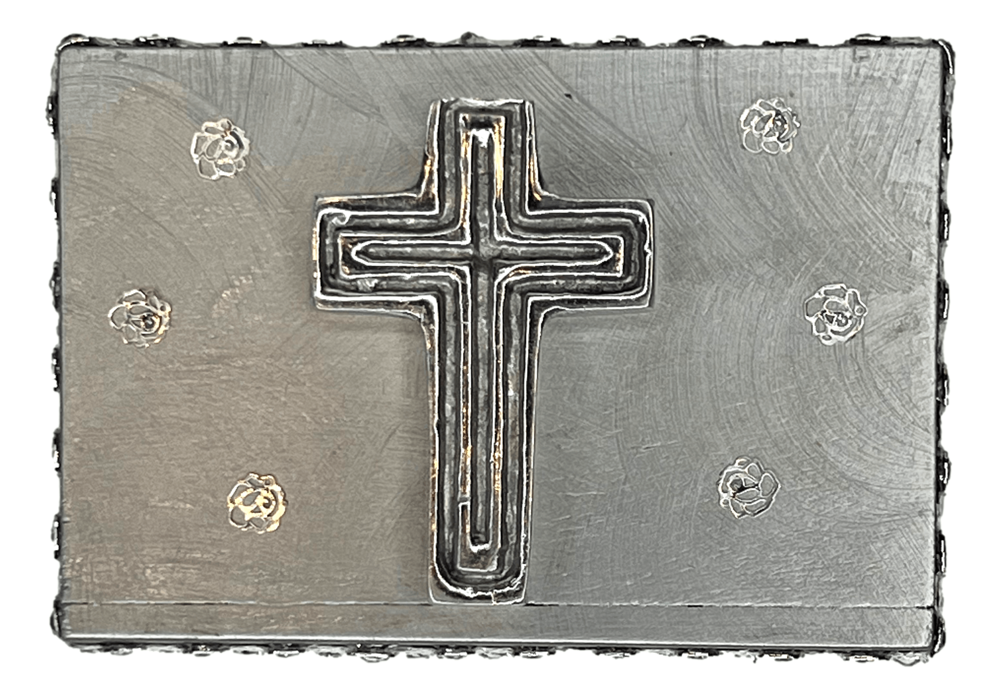 Plaque Pewter Cross Flower Metal Detailing Silver Laced Edge L: 3.5 inches X W: 5 inches Created By Local Artist Norma - Ysleta Mission Gift Shop- VOTED El Paso's Best Gift Shop