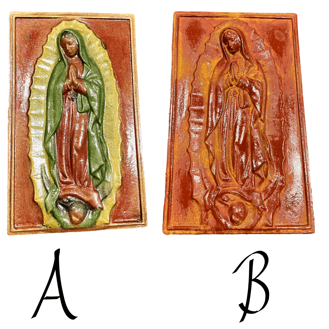 Plaque Virgin Guadalupe Red Clay Rectangular Handcrafted in Mexico W: 8.5 inches X L: 14 inches - Ysleta Mission Gift Shop- VOTED El Paso's Best Gift Shop