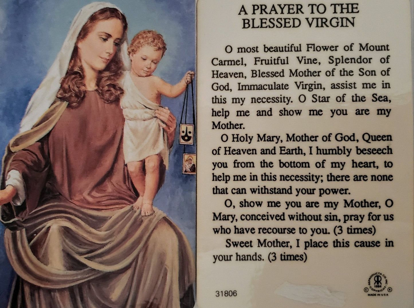 Prayer Card A Prayer To The Blessed Virgin Laminated 31806 - Ysleta Mission Gift Shop- VOTED El Paso's Best Gift Shop
