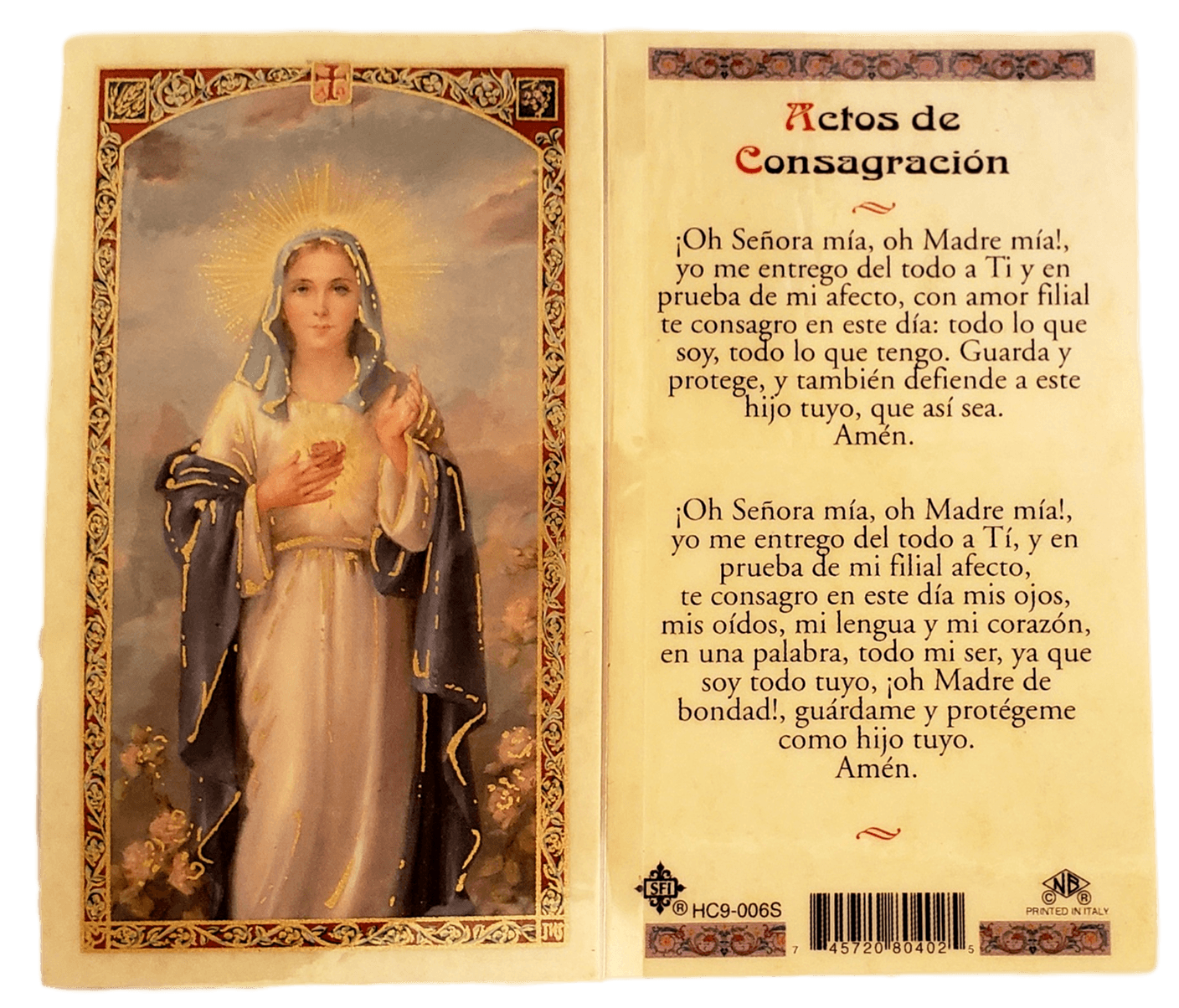 Prayer Card Actos De Consagracion SPANISH Laminated HC9-006S - Ysleta Mission Gift Shop- VOTED El Paso's Best Gift Shop