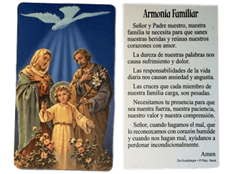 Prayer Card Armonia Familiar SPANISH Mini Pocket Laminated NC - Ysleta Mission Gift Shop- VOTED El Paso's Best Gift Shop
