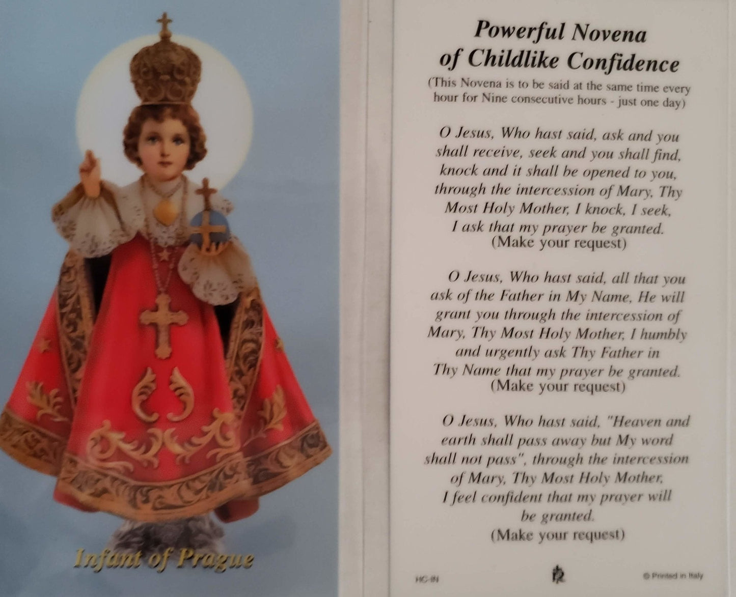 Prayer Card Infant Of Prague Powerful Novena Of Childlike Confidence Laminated HC-IN - Ysleta Mission Gift Shop- VOTED El Paso's Best Gift Shop