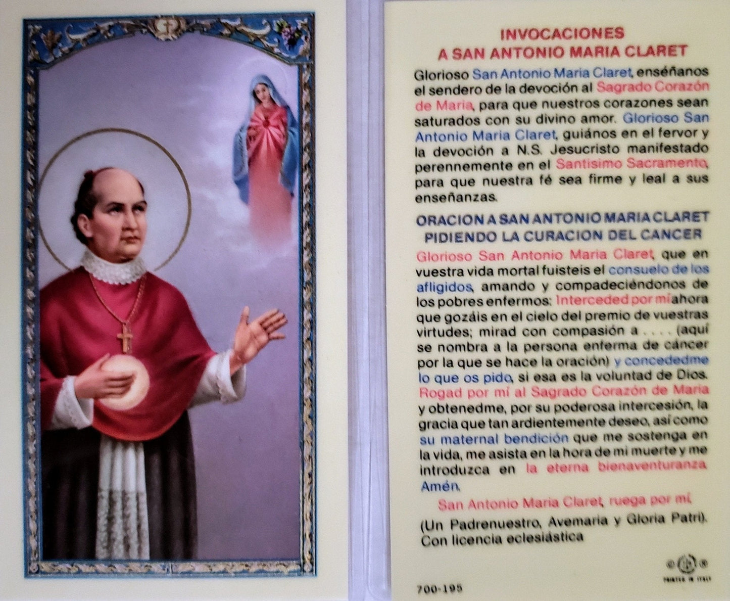 Prayer Card Invocaciones A San Antonio Maria Claret SPANISH Laminated 700-195 - Ysleta Mission Gift Shop- VOTED El Paso's Best Gift Shop