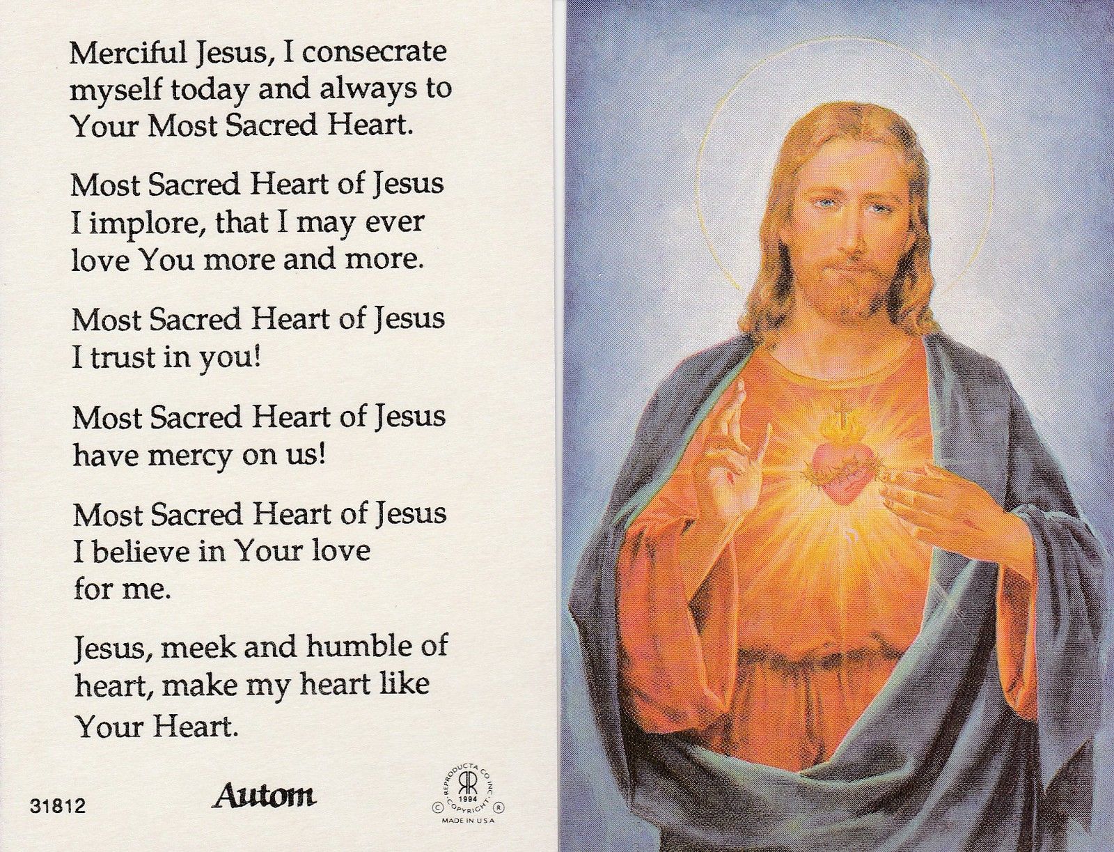 Prayer Card Merciful Jesus I Consecrate Myself Today And Always To Your Most Sacred Heart Laminated 31812 - Ysleta Mission Gift Shop- VOTED El Paso's Best Gift Shop