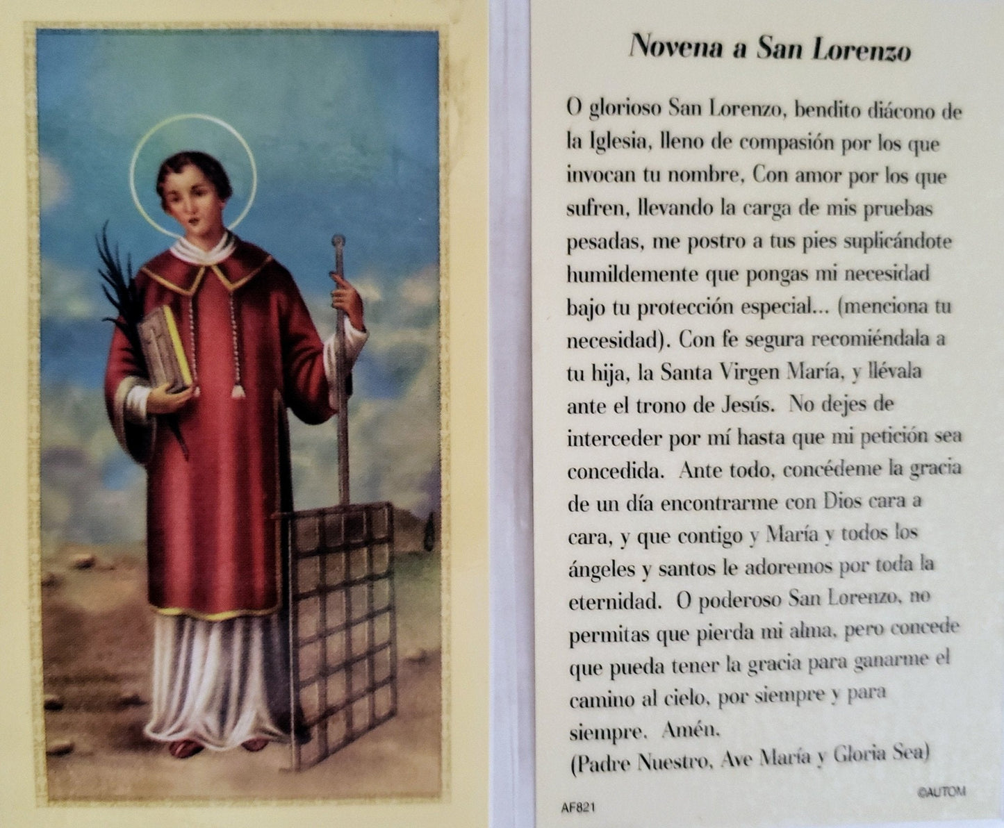 Prayer Card Novena A San Lorenzo SPANISH Laminated AF821 - Ysleta Mission Gift Shop- VOTED El Paso's Best Gift Shop