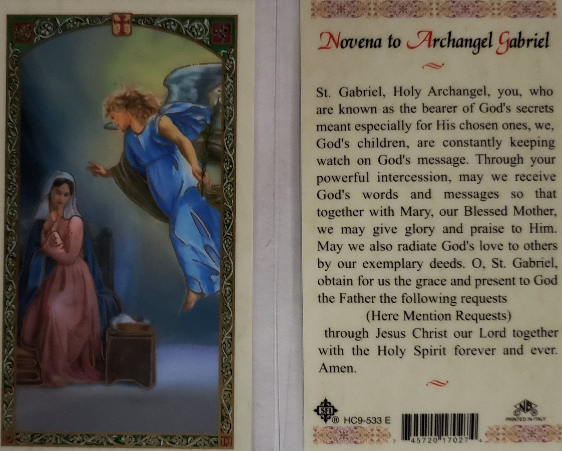 Prayer Card Novena Archangel Gabriel Laminated HC9-533E - Ysleta Mission Gift Shop- VOTED El Paso's Best Gift Shop