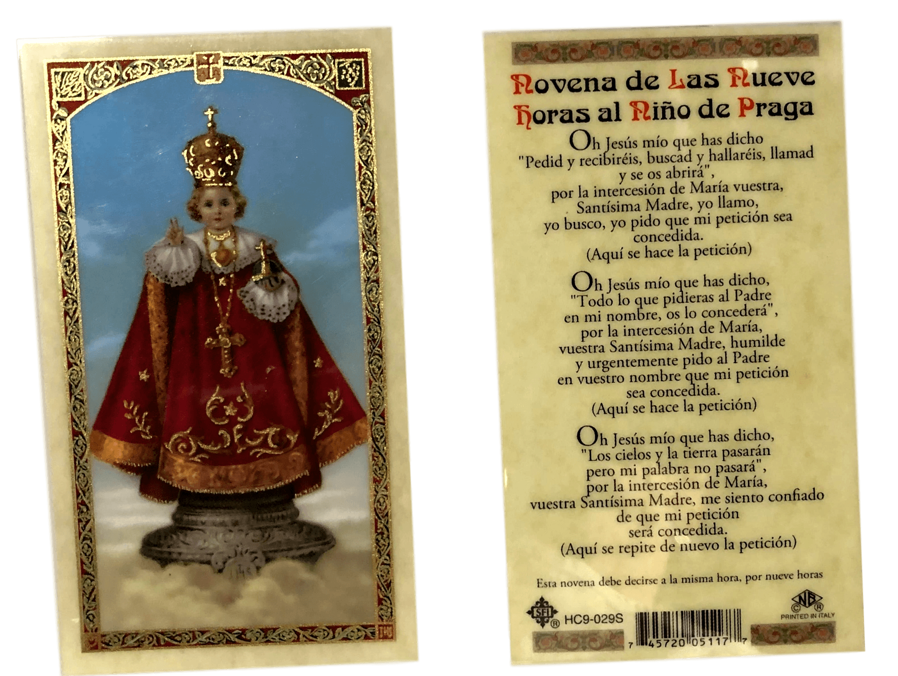 Prayer Card Novena De Las Nueve Horas Al Nino De Praga SPANISH Laminated HC9-029S - Ysleta Mission Gift Shop- VOTED El Paso's Best Gift Shop