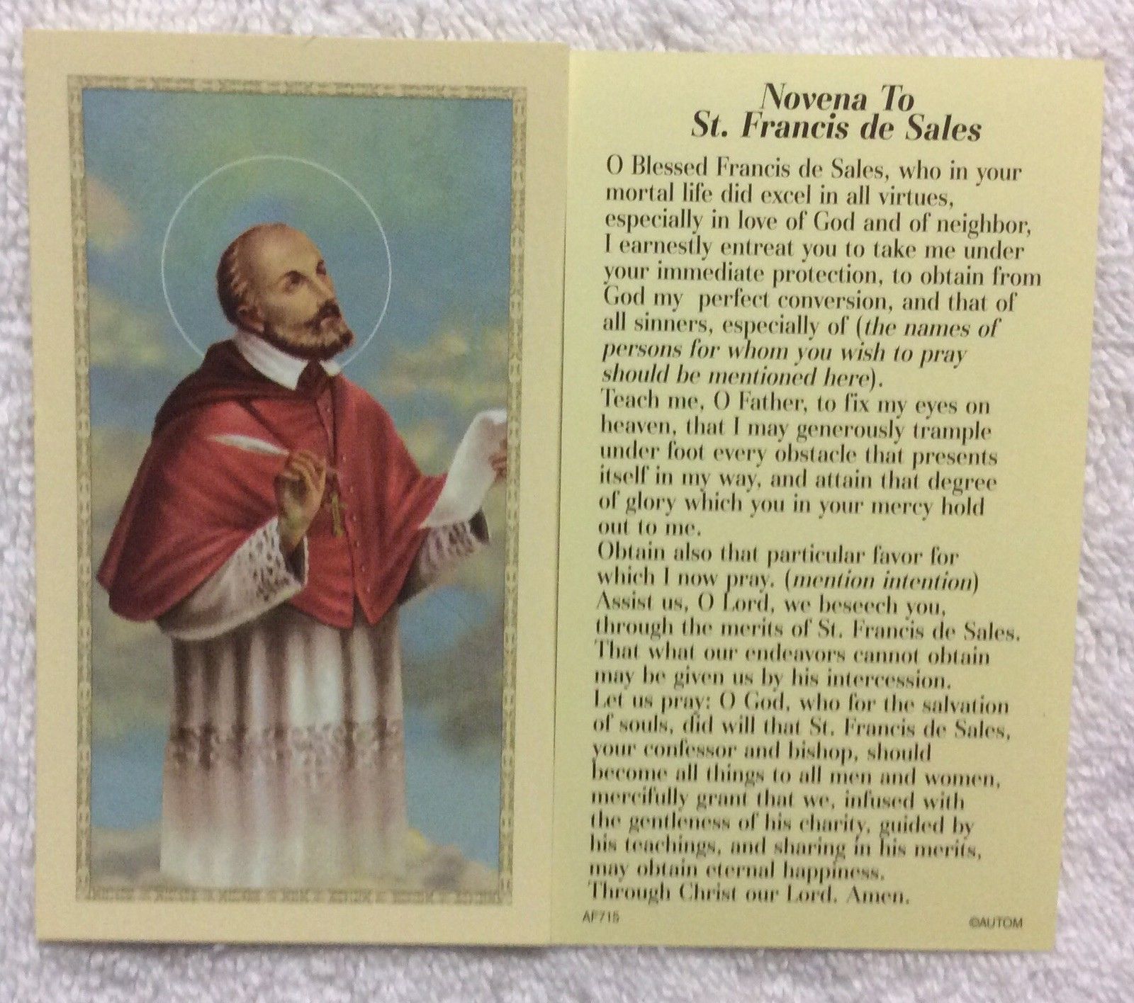 Prayer Card Novena To Saint Francis De Sales Laminated AF715 - Ysleta Mission Gift Shop- VOTED El Paso's Best Gift Shop