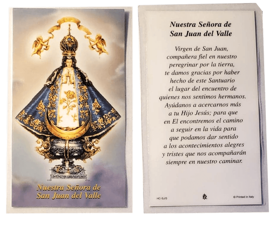 Prayer Card Nuestra Senora De San Juan Del Valle SPANISH Laminated HC-SJ/S - Ysleta Mission Gift Shop- VOTED El Paso's Best Gift Shop