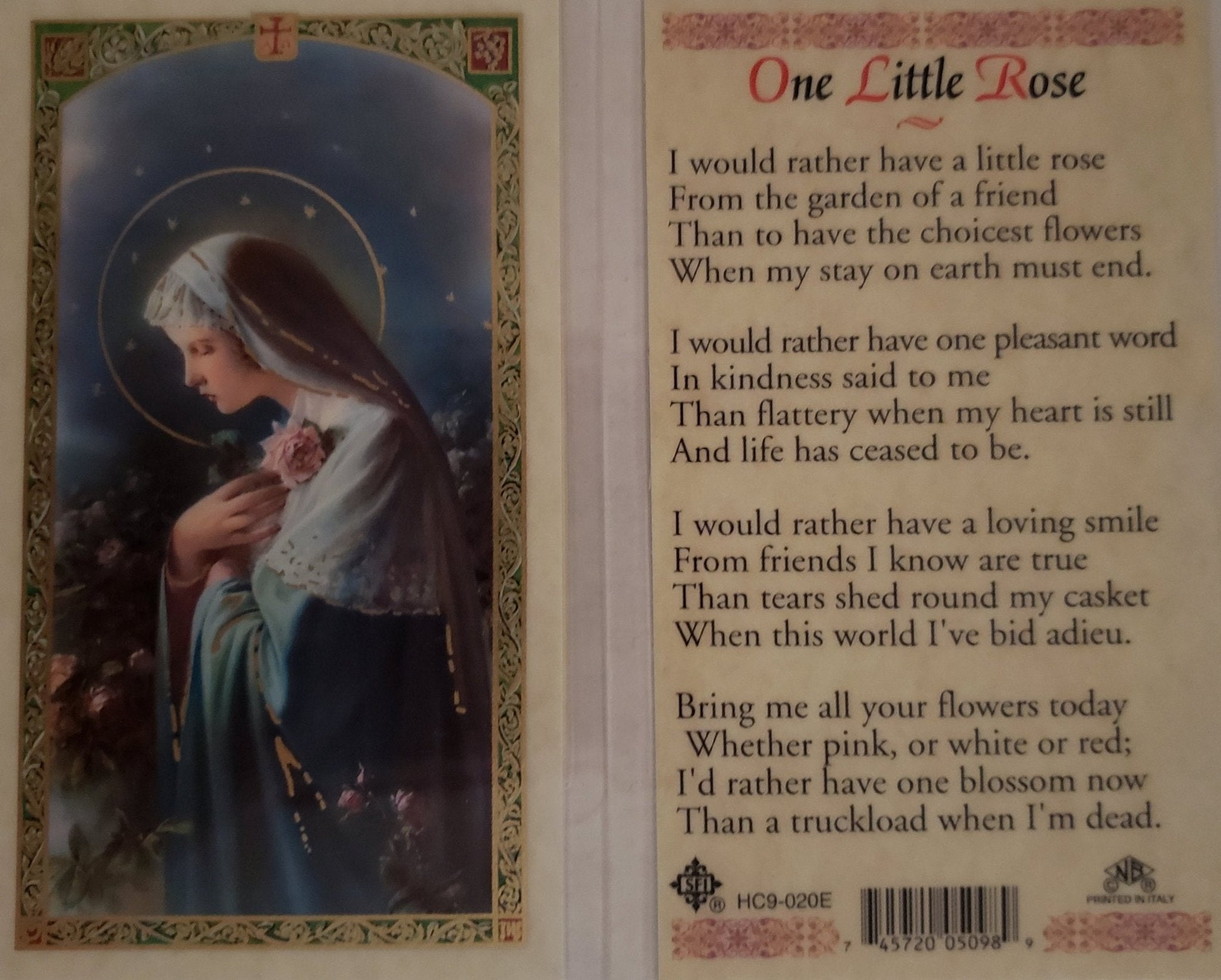 Prayer Card One Little Rose Laminated HC9-020E - Ysleta Mission Gift Shop- VOTED El Paso's Best Gift Shop