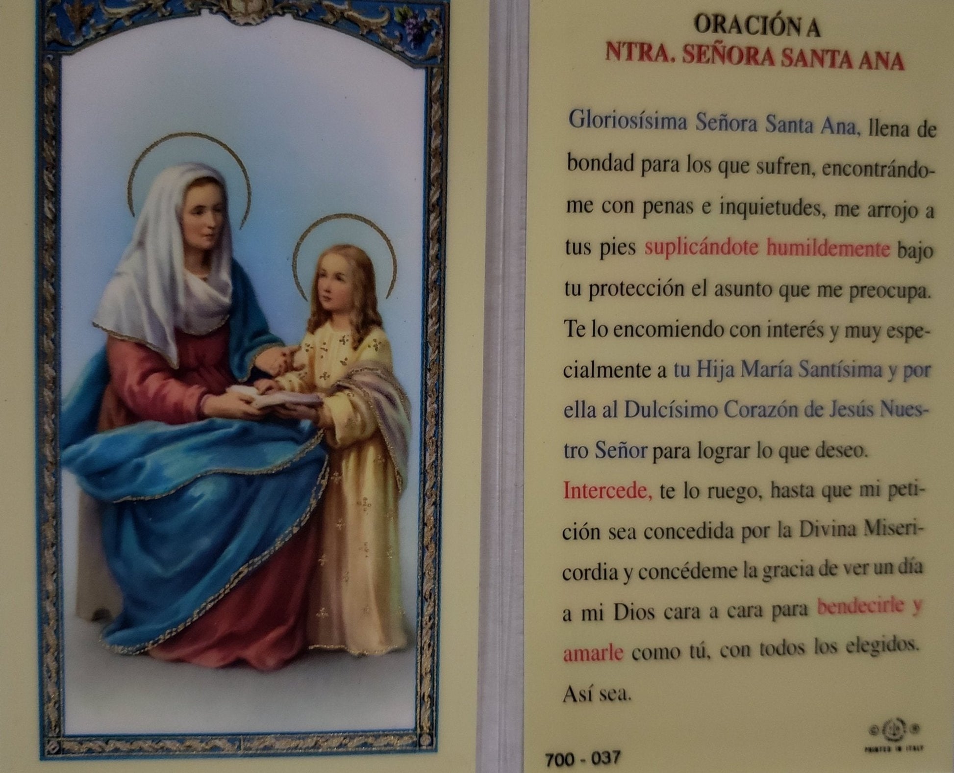 Prayer Card Oracion A Nuestra Senora Santa Ana SPANISH Laminated 700-037 - Ysleta Mission Gift Shop- VOTED El Paso's Best Gift Shop