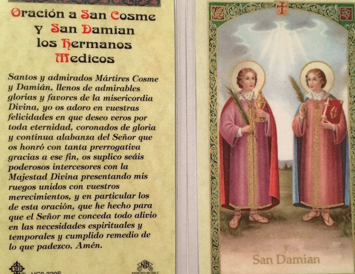 Prayer Card Oracion A San Cosme y San Damian Los Hermanos Medicos SPANISH Laminated HC9-329S - Ysleta Mission Gift Shop- VOTED El Paso's Best Gift Shop