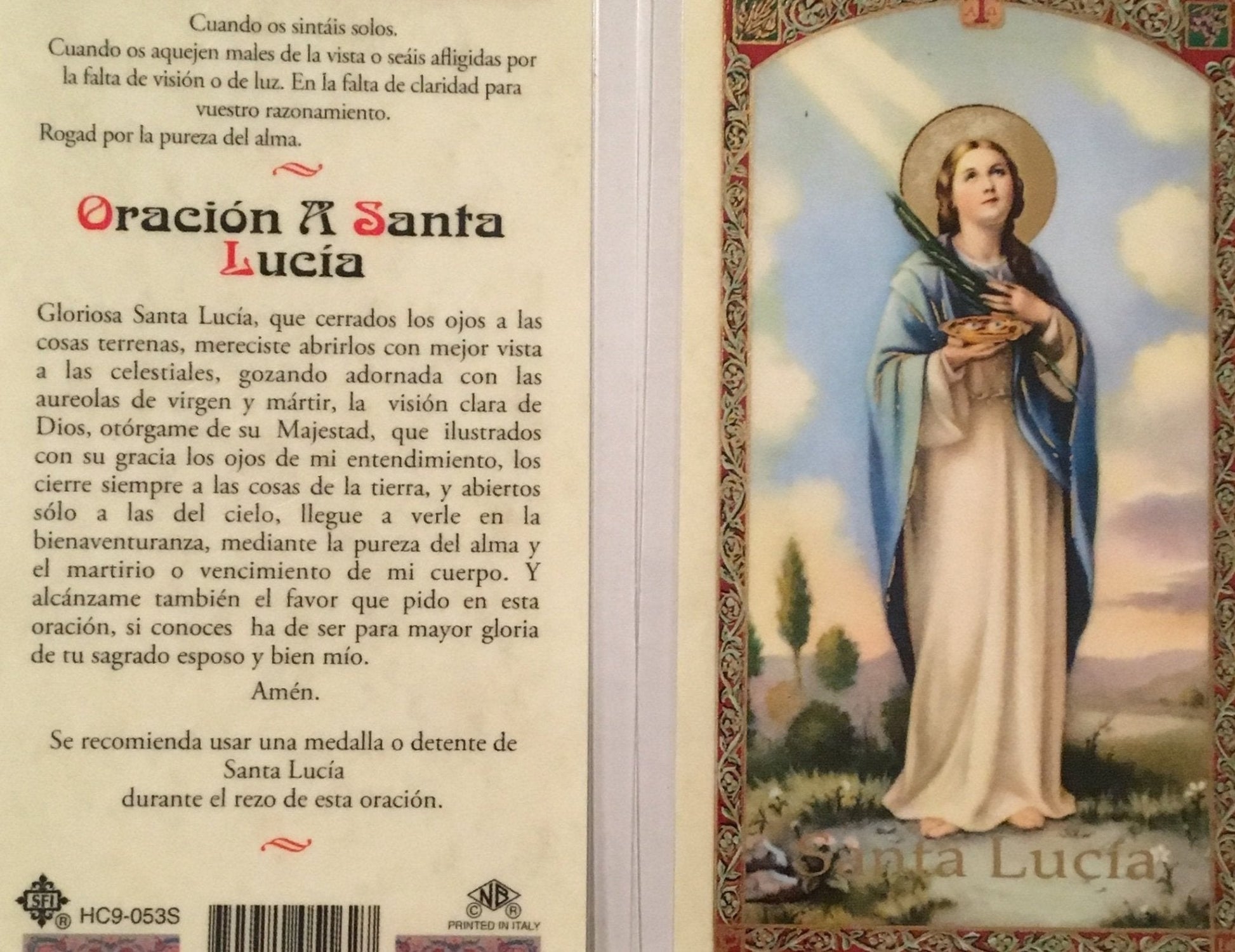 Prayer Card Oracion A Santa Lucia SPANISH Laminated HC9-053S - Ysleta Mission Gift Shop- VOTED El Paso's Best Gift Shop