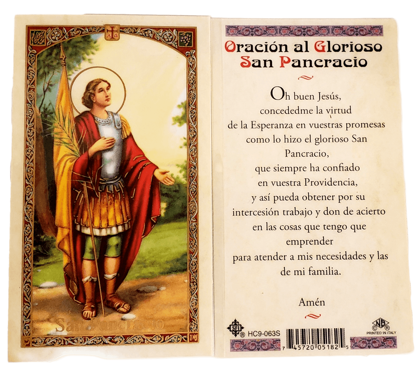 Prayer Card Oracion Al Glorioso San Pancracio SPANISH Laminated HC9-063S - Ysleta Mission Gift Shop- VOTED El Paso's Best Gift Shop