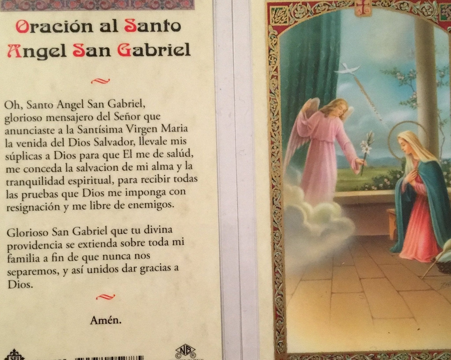 Prayer Card Oracion Al Santo Angel San Gabriel SPANISH Laminated HC9-115S - Ysleta Mission Gift Shop- VOTED El Paso's Best Gift Shop