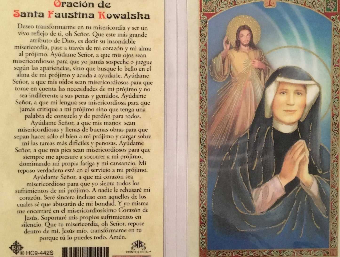 Prayer Card Oracion De Santa Faustina Kowalska SPANISH Laminated HC9-442S - Ysleta Mission Gift Shop- VOTED El Paso's Best Gift Shop