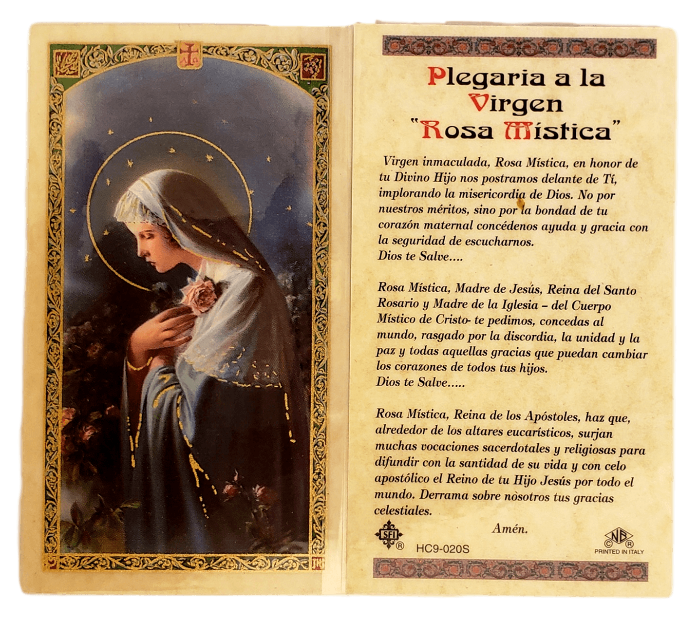 Prayer Card Plegaria A La Virgen Rosa Mistica SPANISH Laminated HC9-020S - Ysleta Mission Gift Shop- VOTED El Paso's Best Gift Shop