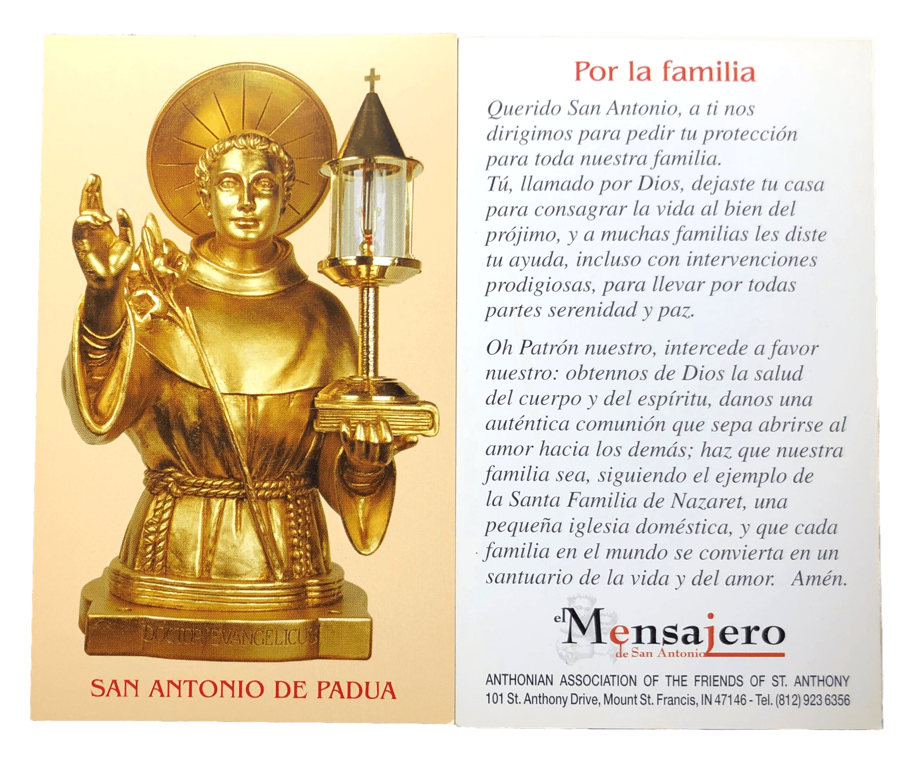 Prayer Card Por La Familia San Antonio De Padua SPANISH No Laminated NC - Ysleta Mission Gift Shop- VOTED El Paso's Best Gift Shop