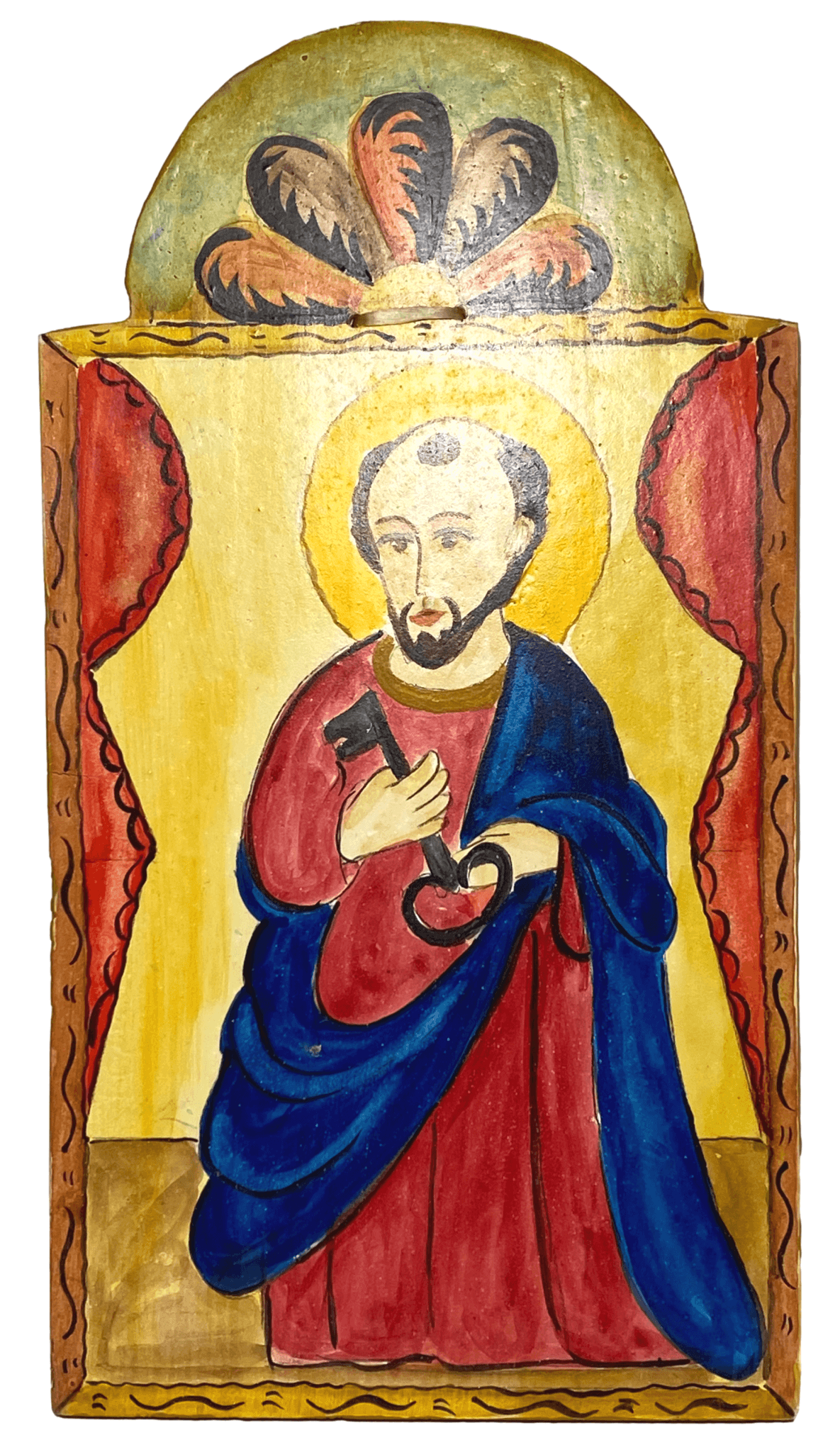 Retablo Saint Peter Carved Spanish Colonial Art Wood Handpainted Natural Pigments by New Mexico Artist Juanito 5 3/8 L x 1/2 W x 10 H inches - Ysleta Mission Gift Shop- VOTED El Paso's Best Gift Shop