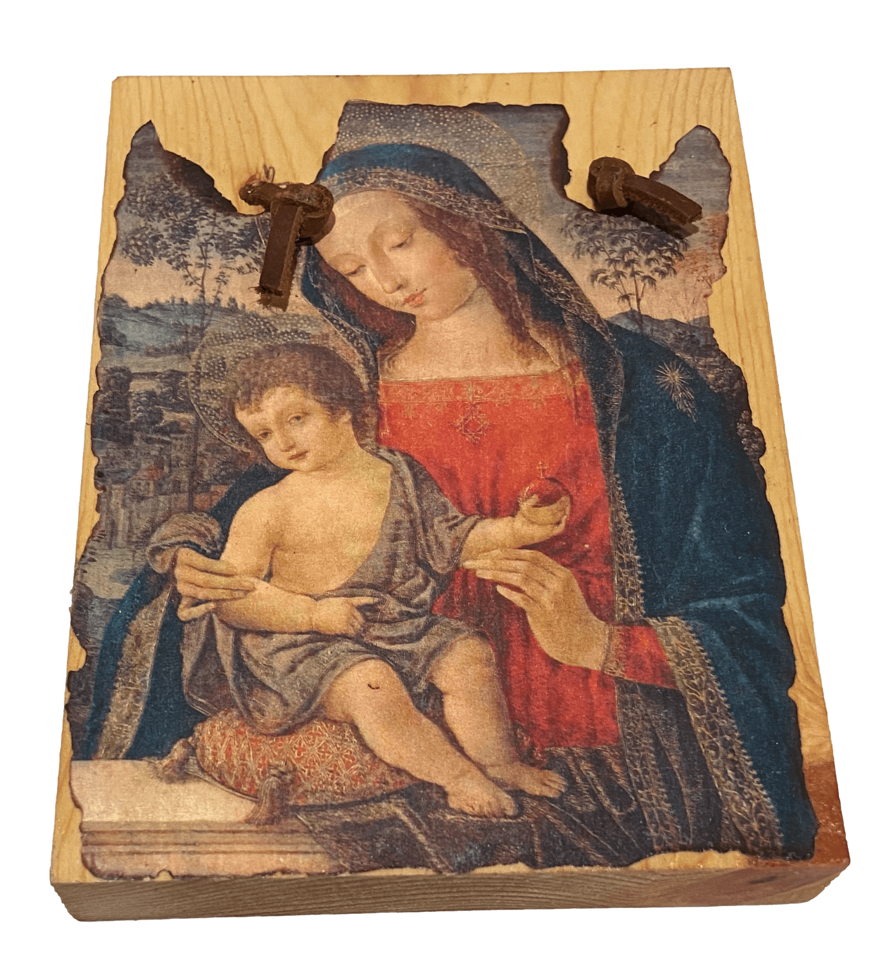 Retablo Wood Madonna And Child From Morada In Northern Taos County New Mexico By Artist D. Kelsey 6" L x 4.5" W - Ysleta Mission Gift Shop- VOTED El Paso's Best Gift Shop