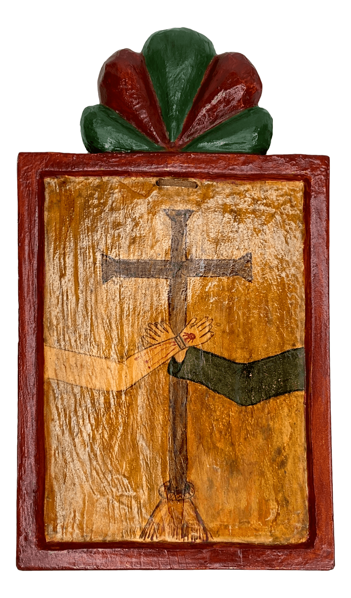 Retablo Wood Red Frame Jesus Sharing Stigmata Saint Francis Handcrafted by Artist Kaitlin 1998 6 1/2 L x 3/4 W x 11 1/2 H Inches - Ysleta Mission Gift Shop- VOTED El Paso's Best Gift Shop