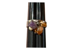 Ring Dangling Yellow & Purple Beads Adjustable Sterling Silver
