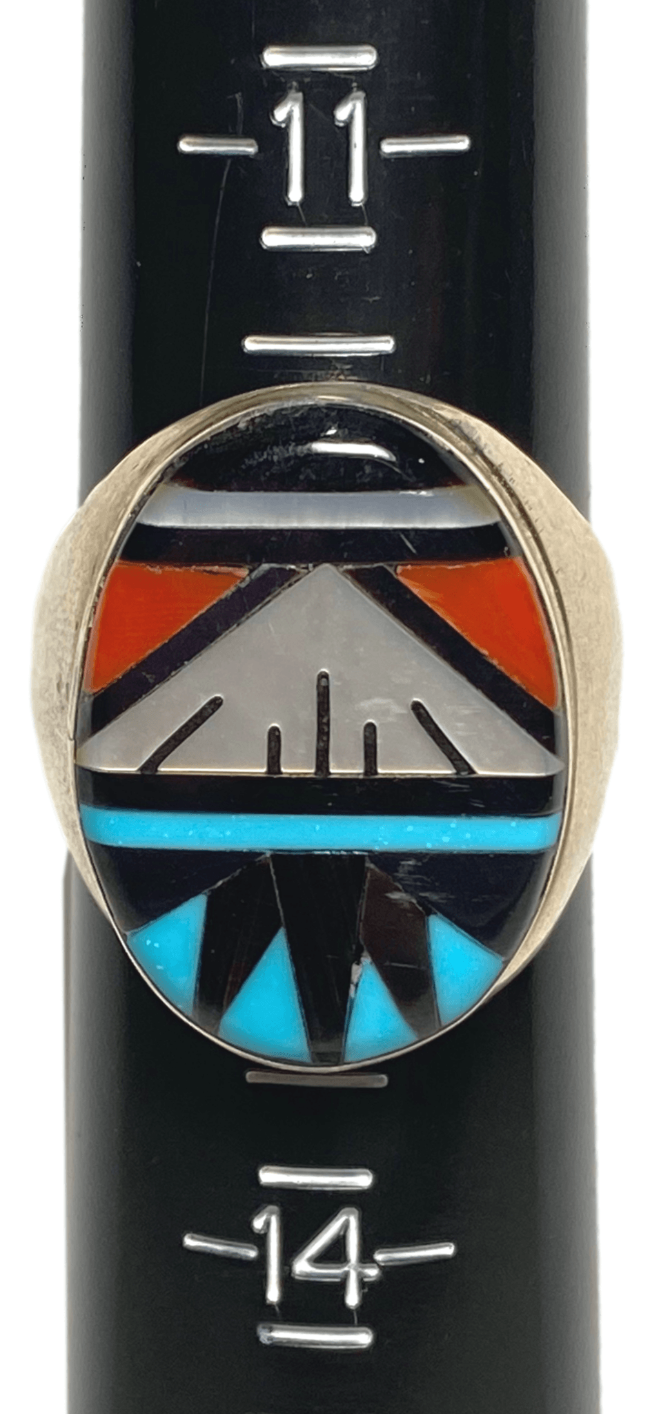 Ring Semi-precious Stone Inlay Coral Turquoise Mother of Pearl Jet Mountain Design Handcrafted by Native American 12 3/4 size 1 L inches - Ysleta Mission Gift Shop- VOTED El Paso's Best Gift Shop