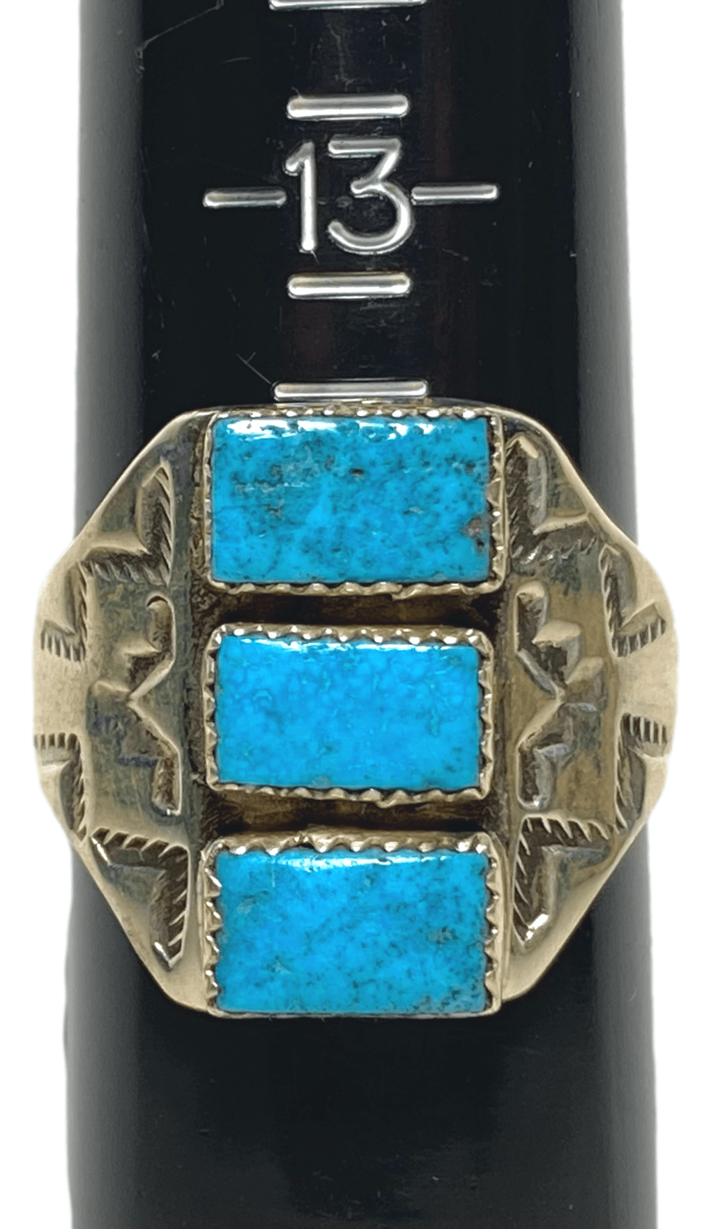 Ring Turquoise 3 Count Half Navajo Design Handcrafted by Native American Artisan 14 size 7/8 L inches - Ysleta Mission Gift Shop- VOTED El Paso's Best Gift Shop