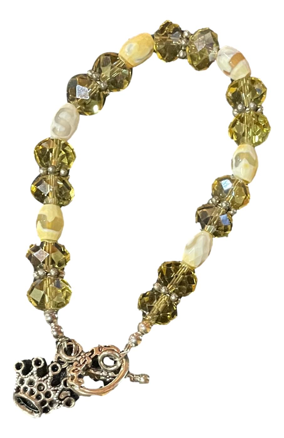 Rosary Bracelet Clear Yellow Glass Beads Barrel Beads Silver Accent Crown Medallion - Ysleta Mission Gift Shop- VOTED El Paso's Best Gift Shop