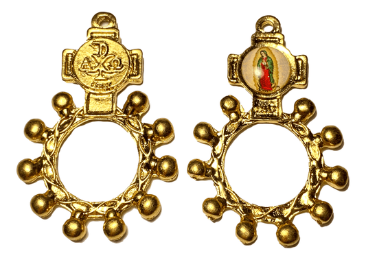 Colored finger rosary featuring Virgin Guadalupe and Chi-Rho images, made of alloy, from Ysleta Mission Catholic Christian gifts.