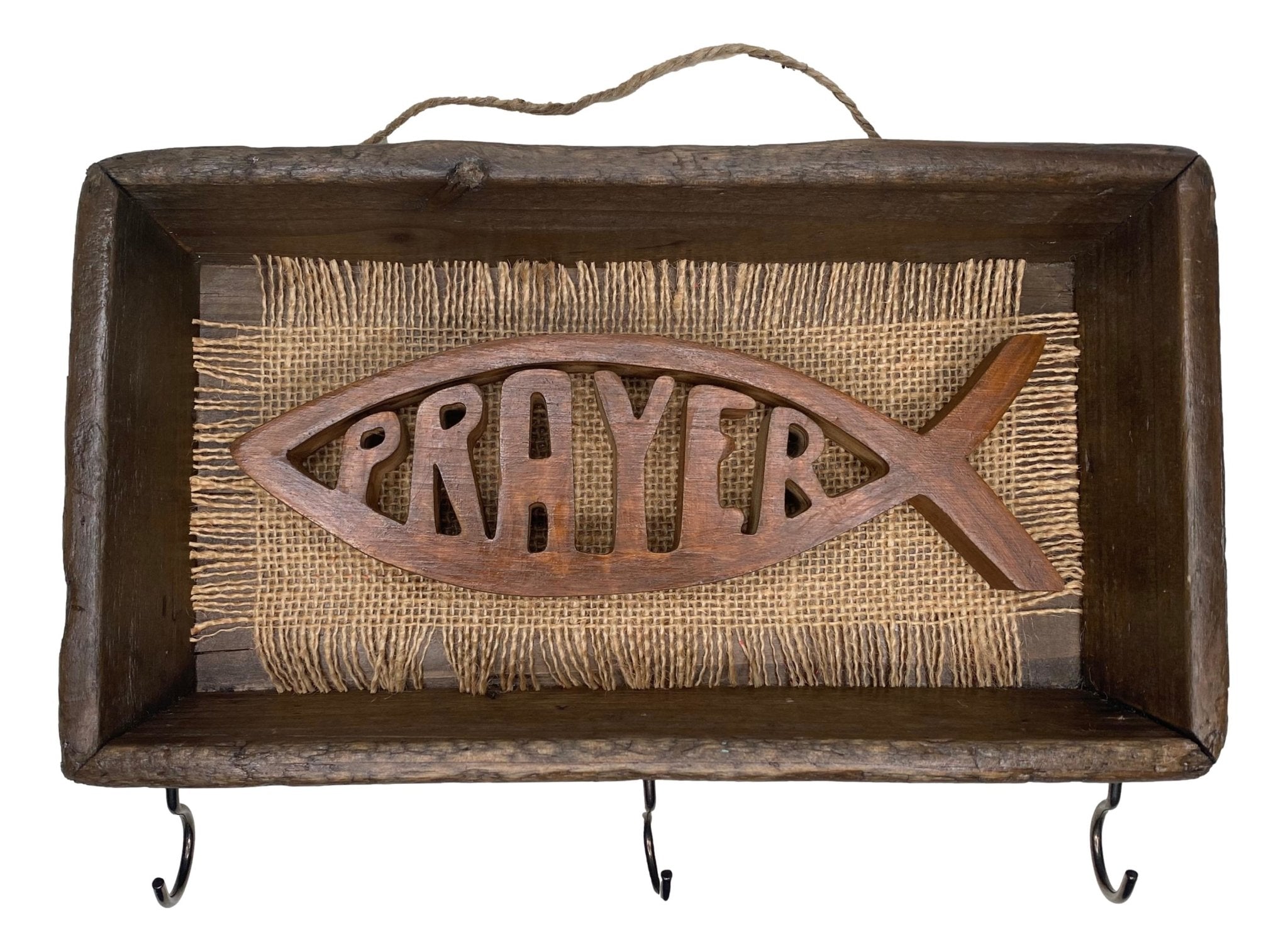 Rosary Holder Wood Frame Wood Prayer Fish Symbol Handcrafted by Local Artist Norma 10 1/4 L x 2 W x 7 H Inches - Ysleta Mission Gift Shop- VOTED 2022 El Paso's Best Gift Shop